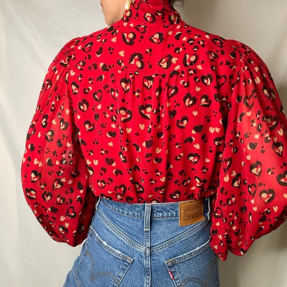 Chico’s heart animal leopard print blouse‎ tie neck bow balloon sleeve red black - Picture 14 of 17